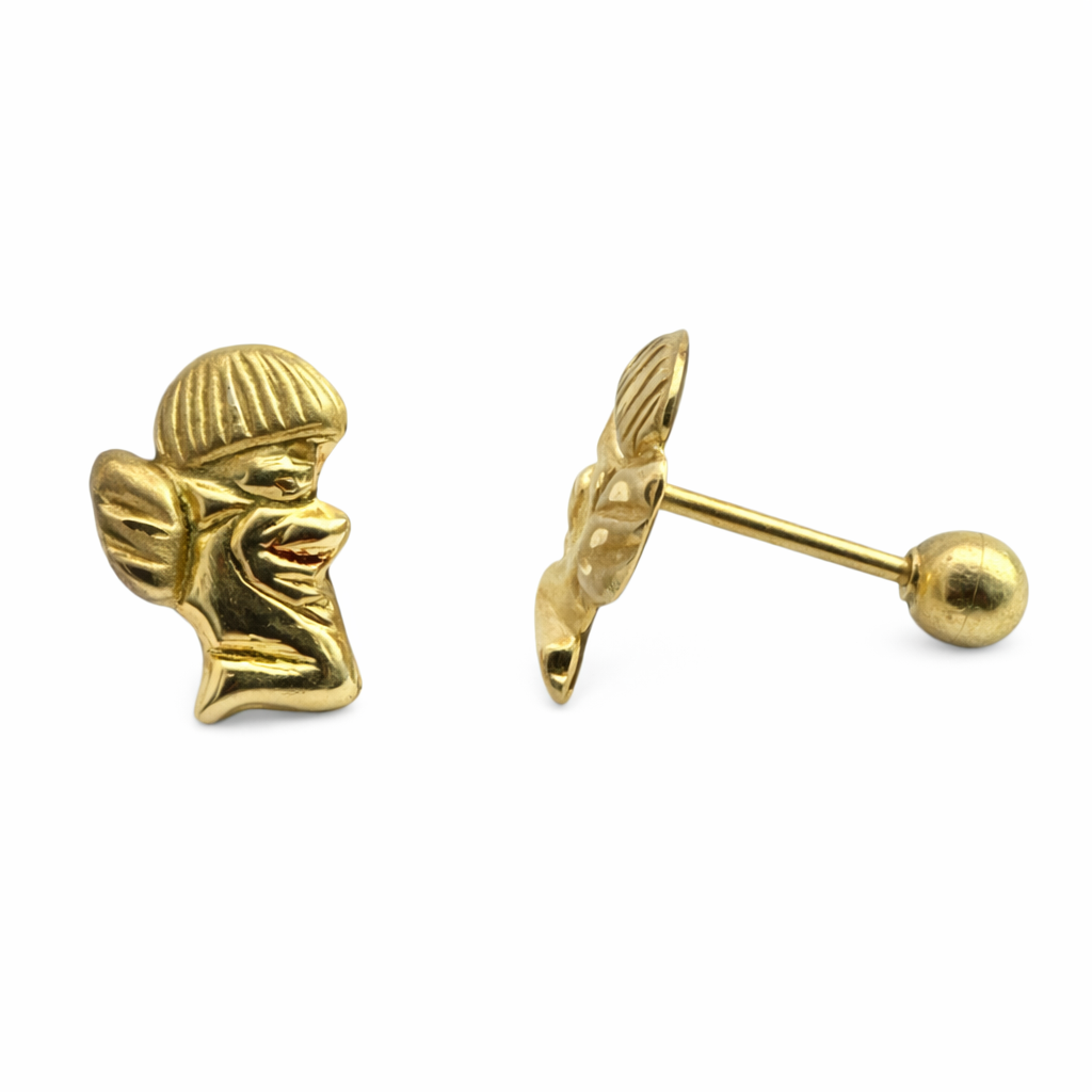 Broquel Angelito en oro 10K de Joyería ROMA, diseño delicado con figura de ángel en acabado brillante.