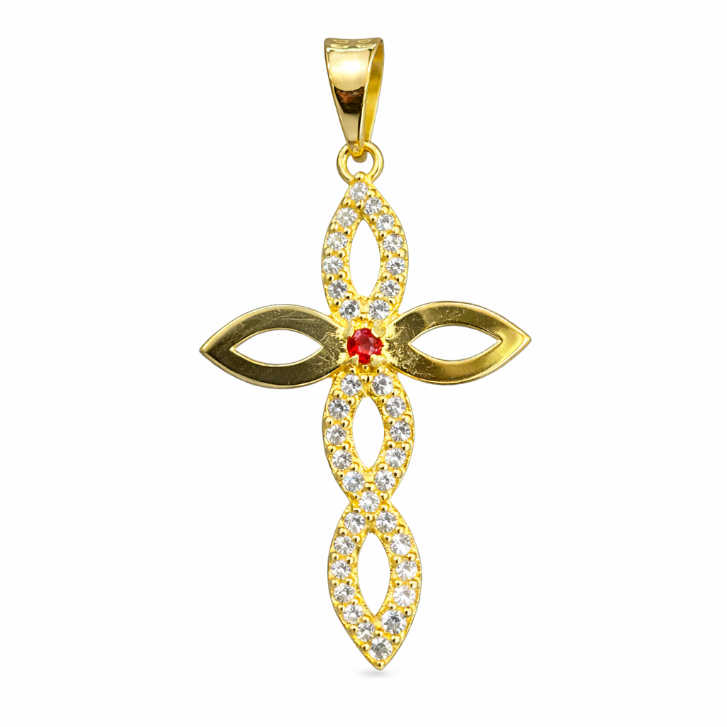 Cruz con zirconias y piedra en oro 10K, joyería ROMA, brillante y elegante, detalle de la cruz con piedras y acabado en oro.