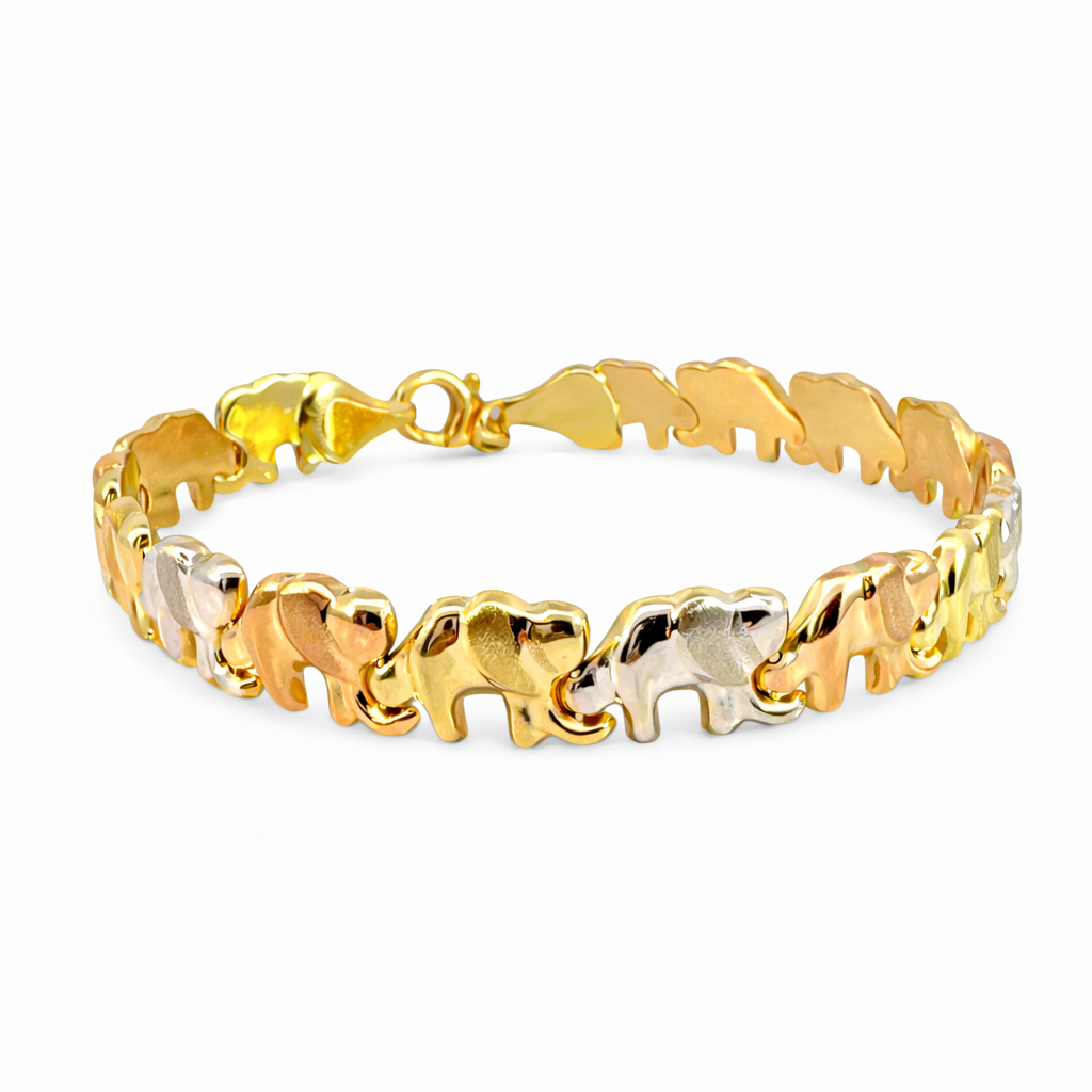 Pulsera de elefantes tricolor en oro de 10K de Joyería ROMA, diseño elegante y colorido para accesorios de moda.