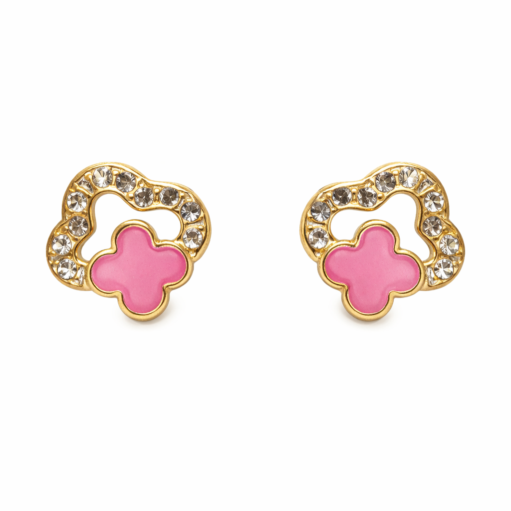Broquel trébol de zirconia en oro 10K, joyería ROMA, con diseño delicado y brillante acabado dorado.