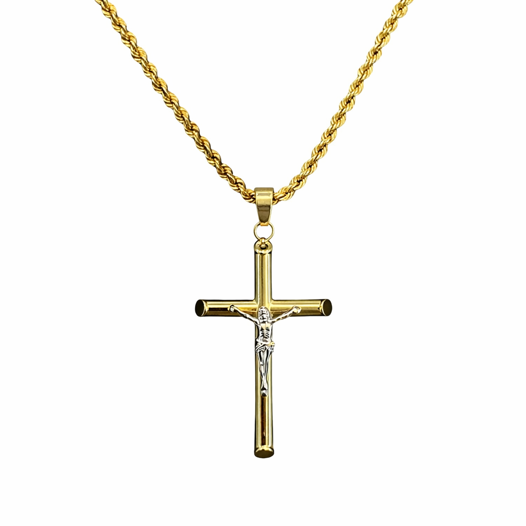Cruz tubular en oro 10K con diseño de crucifijo, joyería ROMA, imagen de cruz elegante y detallada en oro amarillo