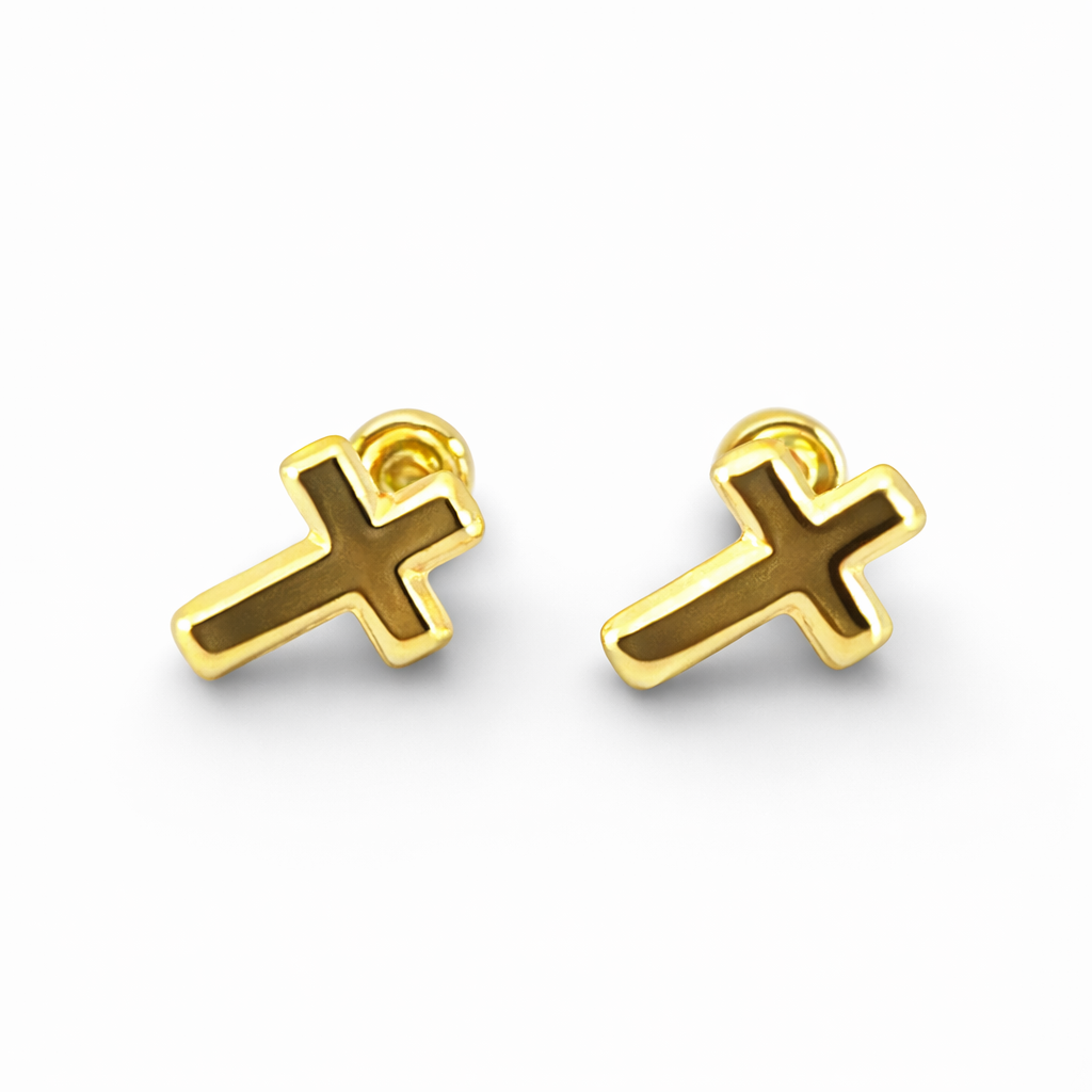 Broquel cruz lisa de oro 10K de Joyería ROMA, diseño simple y elegante en acabado brillante.