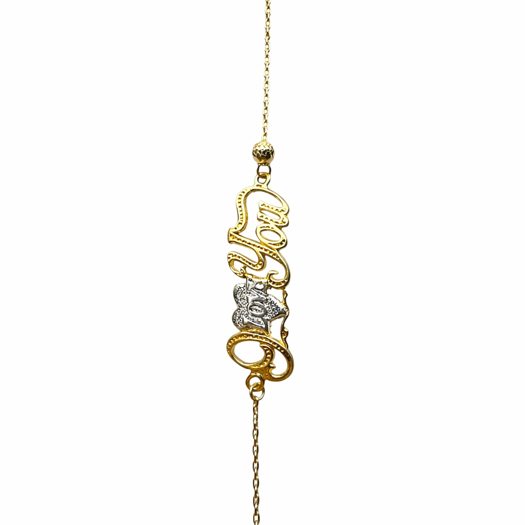 Pulsera de oro 10K con colgante de corazón y mensaje "I Love You" en joyería ROMA, muestra detalles de la pieza.