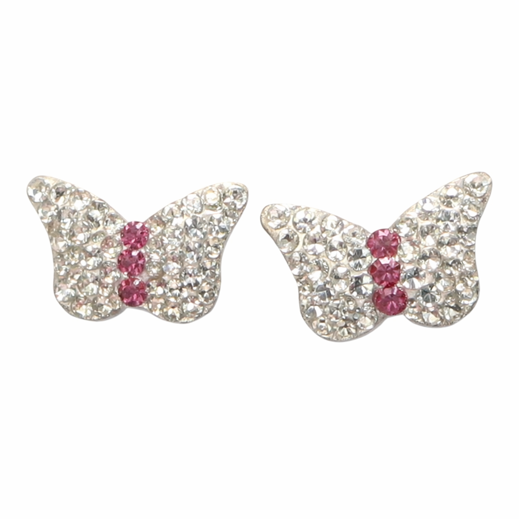 Broquel de oro 10K con diseño de mariposa y zirconias, joyería elegante y brillante en tonos dorados.
