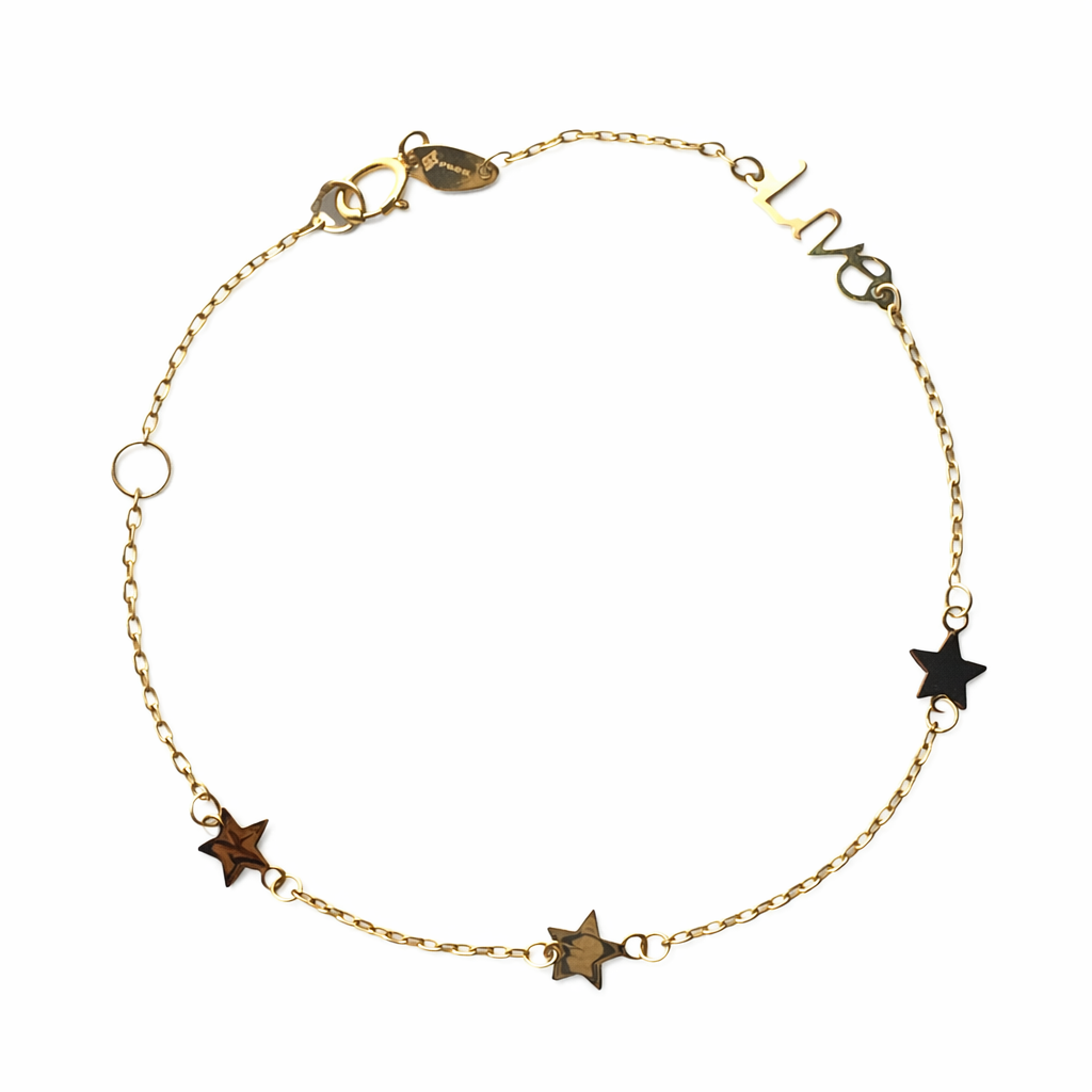 Pulsera Love & Estrellas en oro 10K de joyería ROMA, con diseño de estrellas y detalles elegantes.