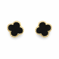 Broquel trébol negro con borde perlado en oro 10K, joyería Roma, diseño elegante y delicado para mujer.