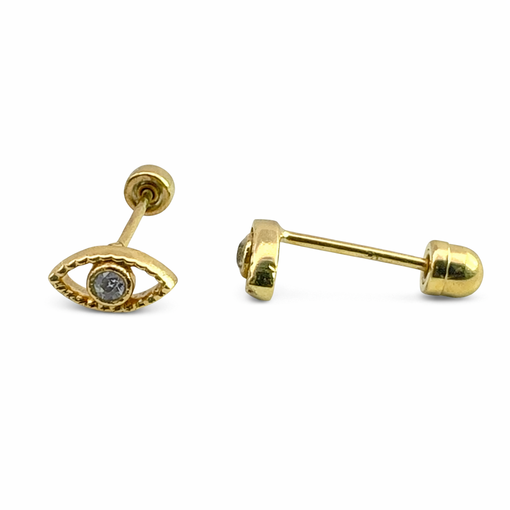 Broquel de oro 10K con ojo y zirconia, joyería elegante y brillante, diseñado por Joyería ROMA.