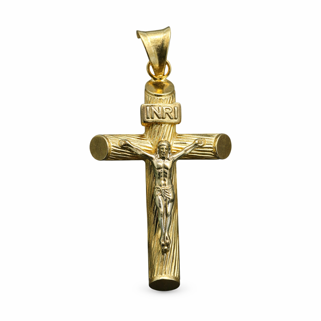 Cruz con Cristo de oro 10K, joyería ROMA, muestra la cruz con detalles en oro y figura de Cristo en el centro.