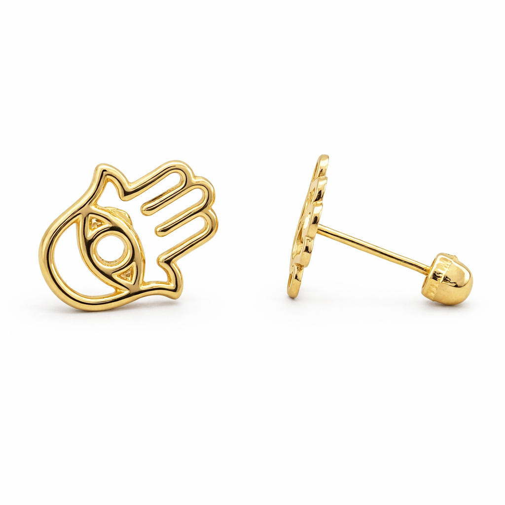 Broquel Mano de Fátima en oro 10K con detalles finos, pieza de joyería de Joyería ROMA, visible en la imagen.