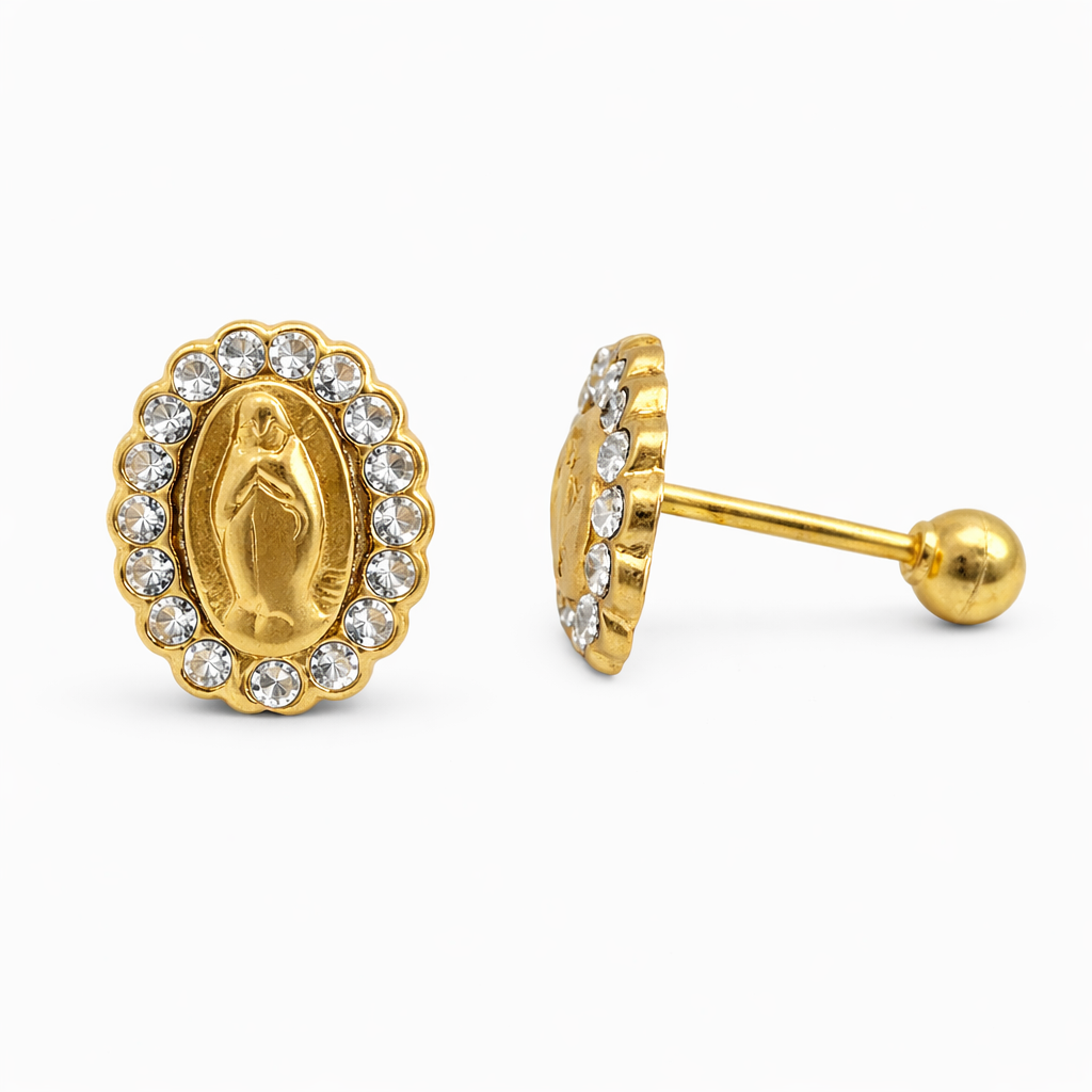 Broquel de oro 10K con Virgen y zirconias, joyería elegante y delicada, ideal para uso diario o especial.