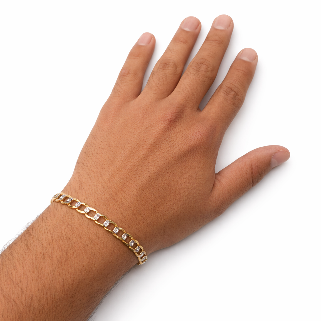 Pulsera de oro 14K con baño de rodio, estilo barbado, joyería ROMA, brillante y elegante sobre fondo neutro.