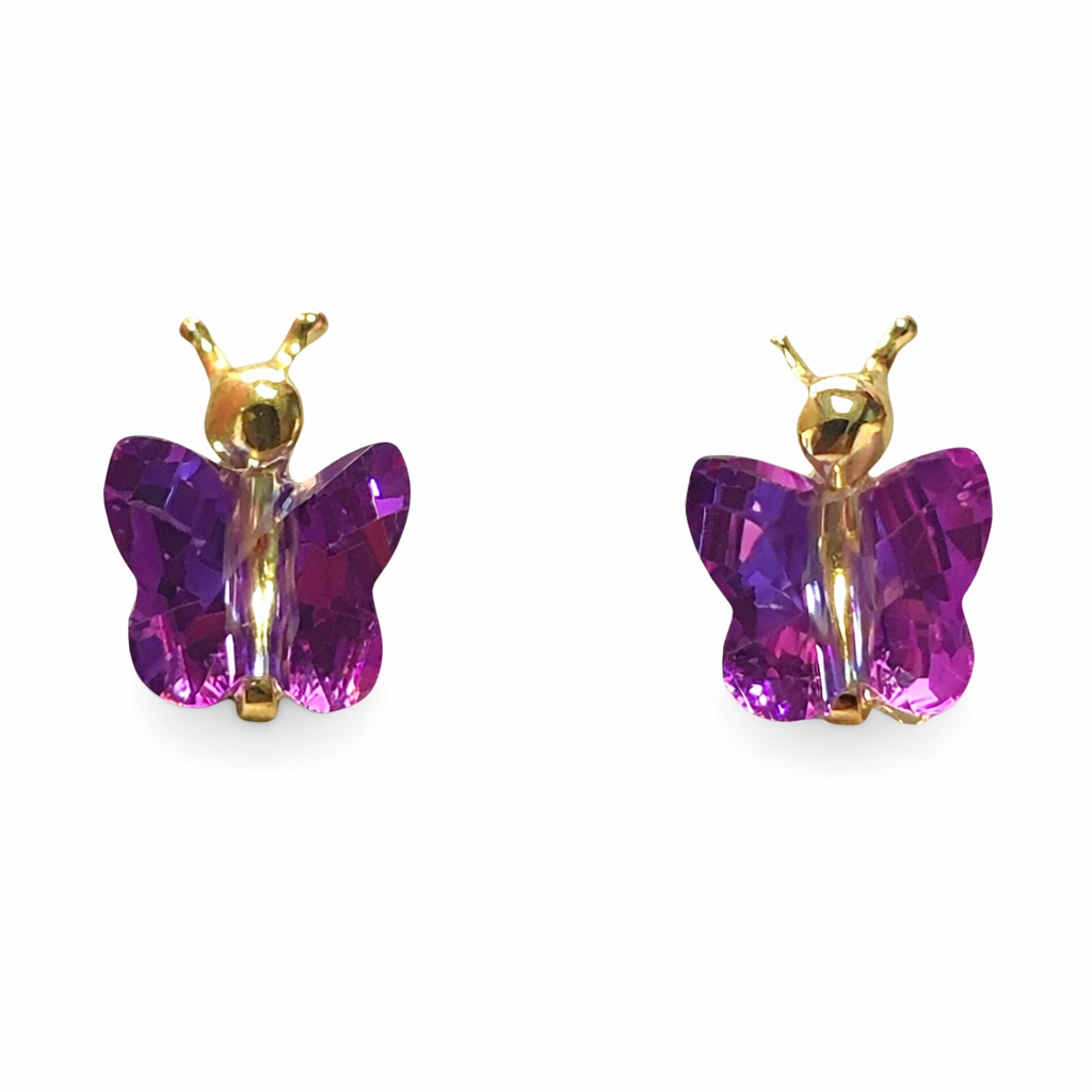 Broquel de mariposa con cristales en oro 10K de Joyería ROMA, con detalles de cristales brillantes y diseño de mariposa elegante.