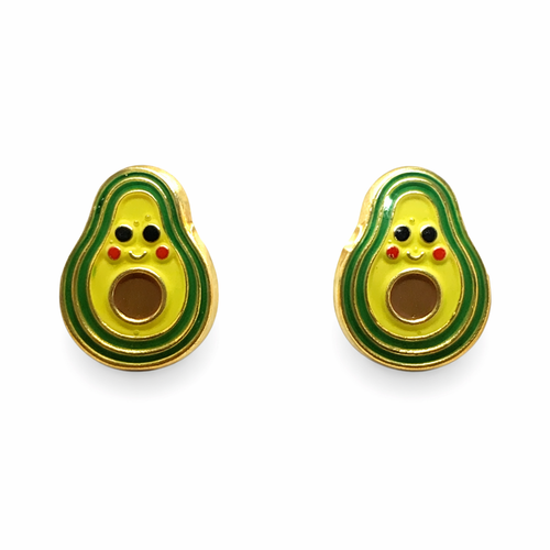 Broquel de aguacate en esmalte con acabado en oro 10K, joyería Roma, diseño artístico y brillante en color verde y dorado.