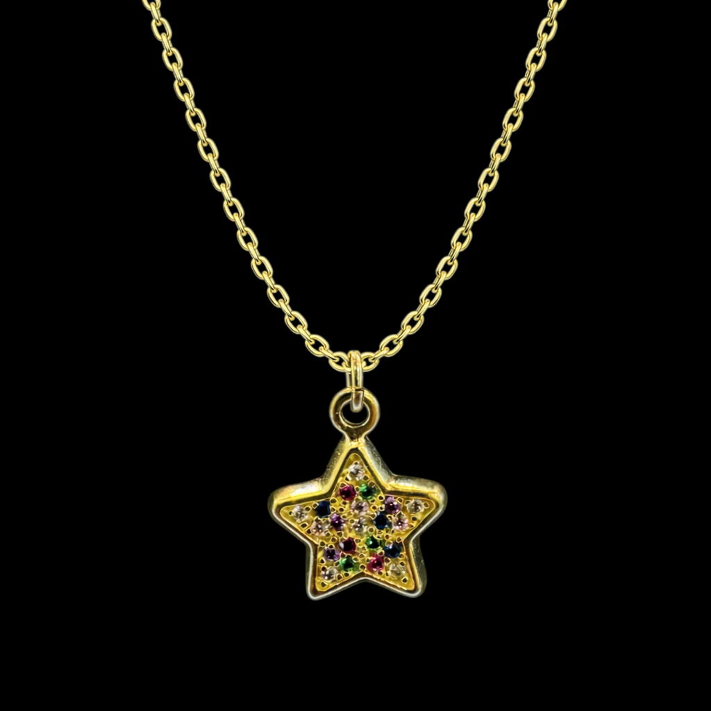 Gargantilla de estrella multicolor en oro 10K de Joyería ROMA, con diseño delicado y detalles coloridos.