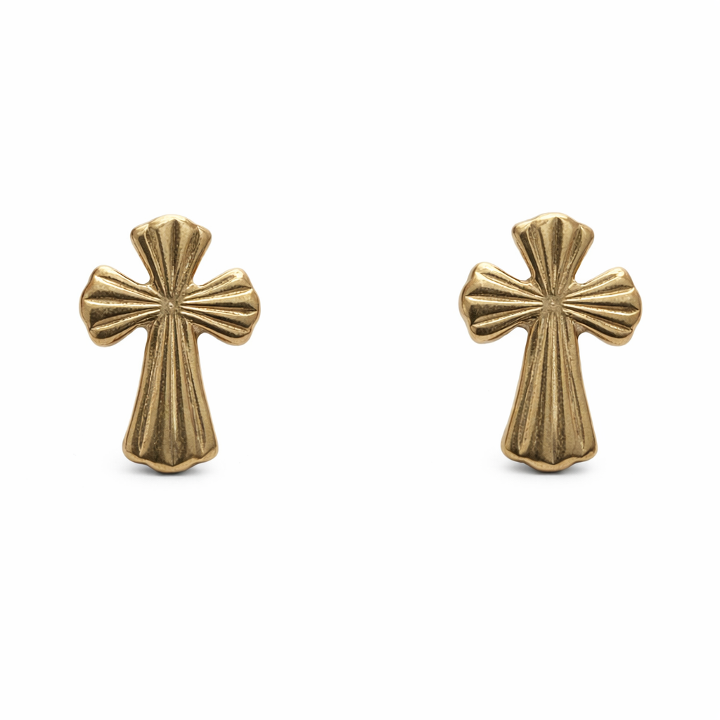 Broquel cruz de oro 10K de joyería ROMA con diseño en relieve y acabado brillante.