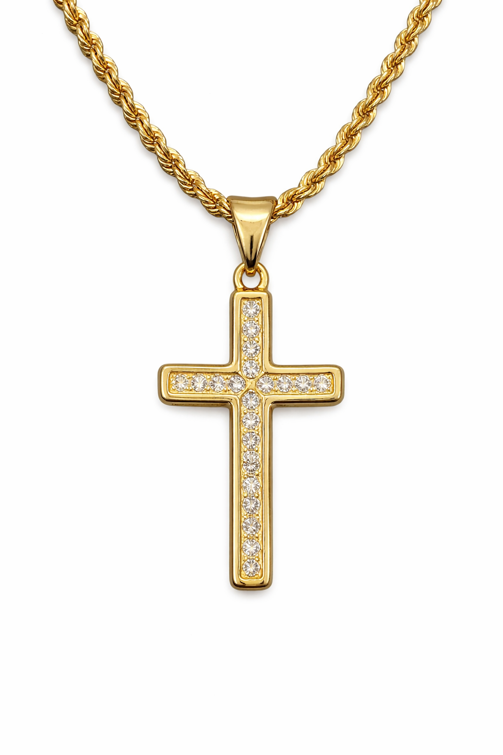 Cruz con zirconias en oro 10K, joyería ROMA, detalle de la cruz brillante con piedras de zirconia en la imagen