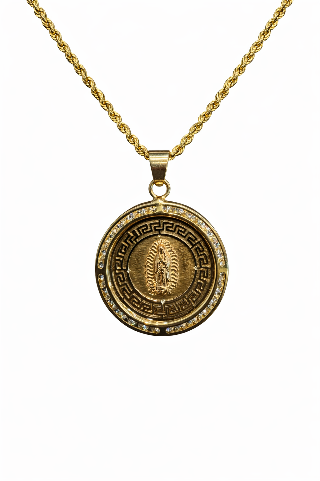Medalla de la Virgen de Guadalupe en oro 10K con zirconias, joyería ROMA, muestra detalles de la medalla y acabado brillante