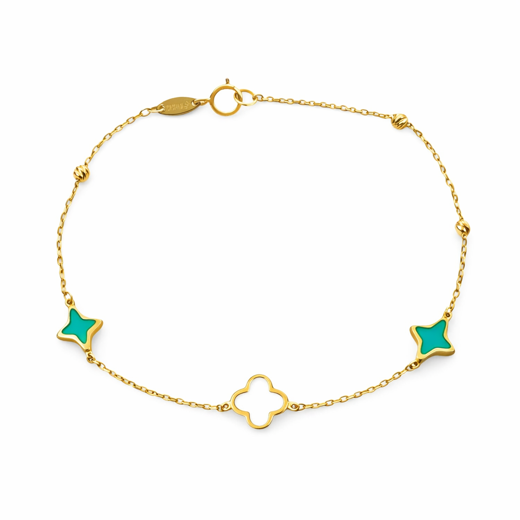 Pulsera de trébol y estrellas en oro 10K de Joyería ROMA, con diseño delicado y detalles brillantes.