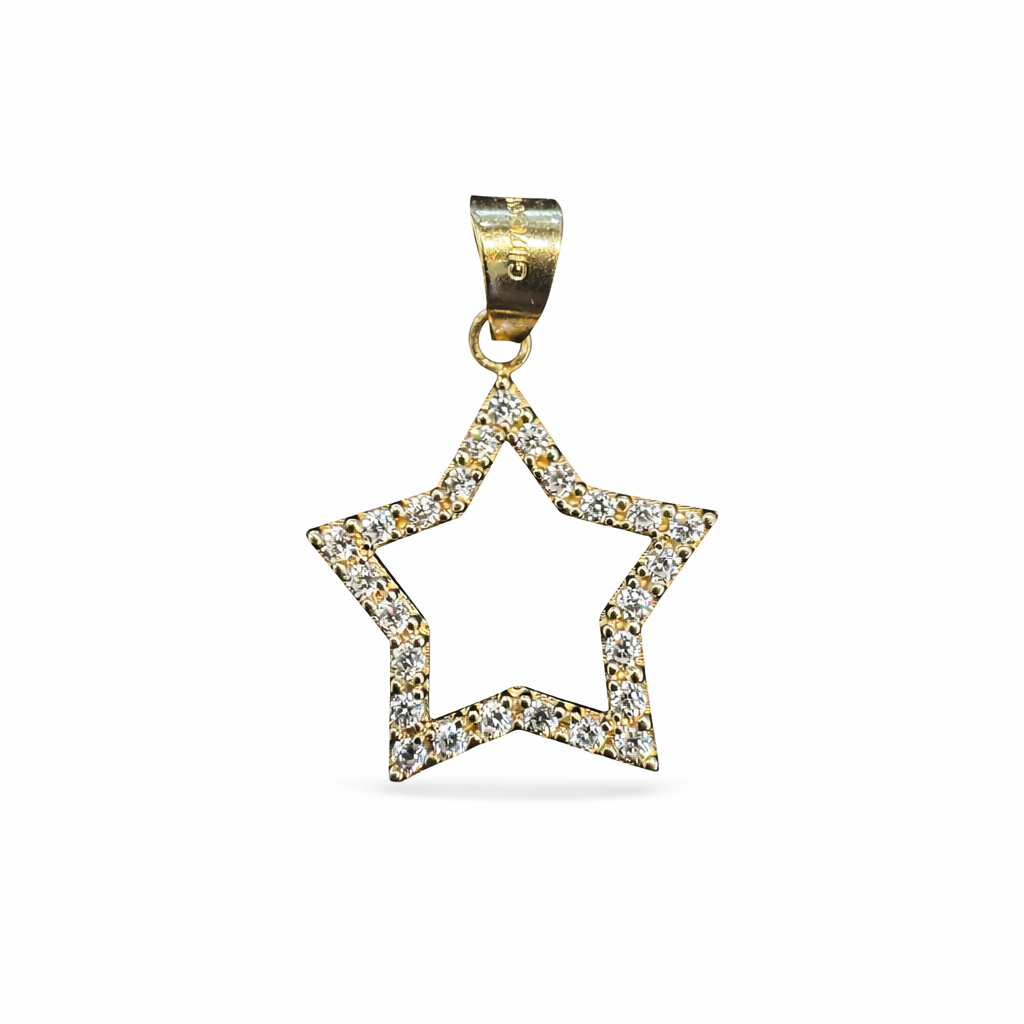 Estrella de oro 10K con zirconias brillantes de joyería ROMA, diseño elegante y detalles decorativos en la imagen.