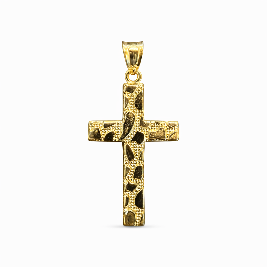 Cruz de oro de 10K con diseño elegante de Joyería ROMA, muestra detalles finos y acabado brillante.