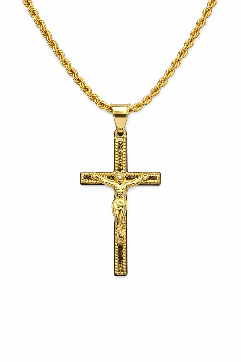 Cruz con Cristo y zirconias en oro 10K, joyería elegante con detalles brillantes, diseñada por Joyería ROMA