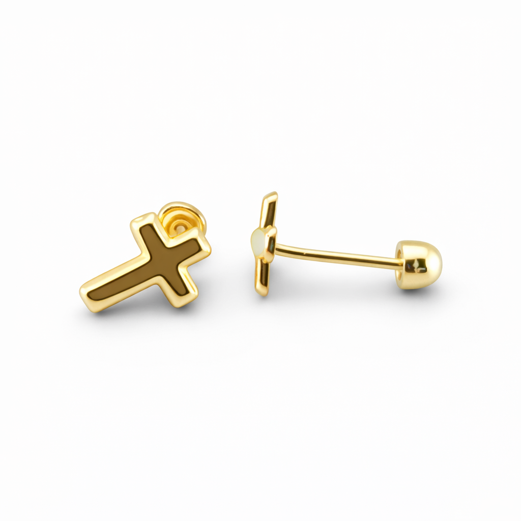 Broquel cruz lisa en oro 10K de Joyería ROMA, diseño sencillo y elegante, con acabado pulido y superficie lisa.