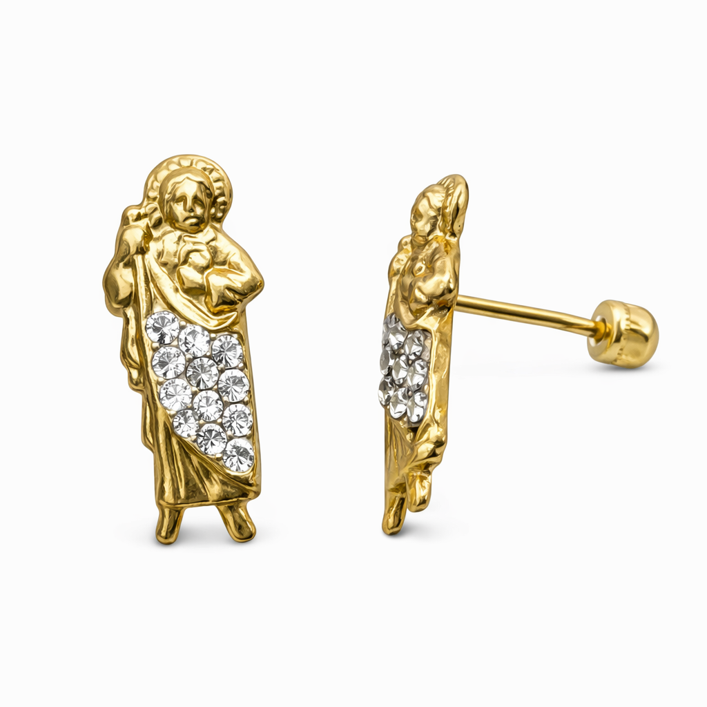 Broquel San Judas en oro 10K con zirconias, joyería de alta calidad, con detalles brillantes y diseño elegante.