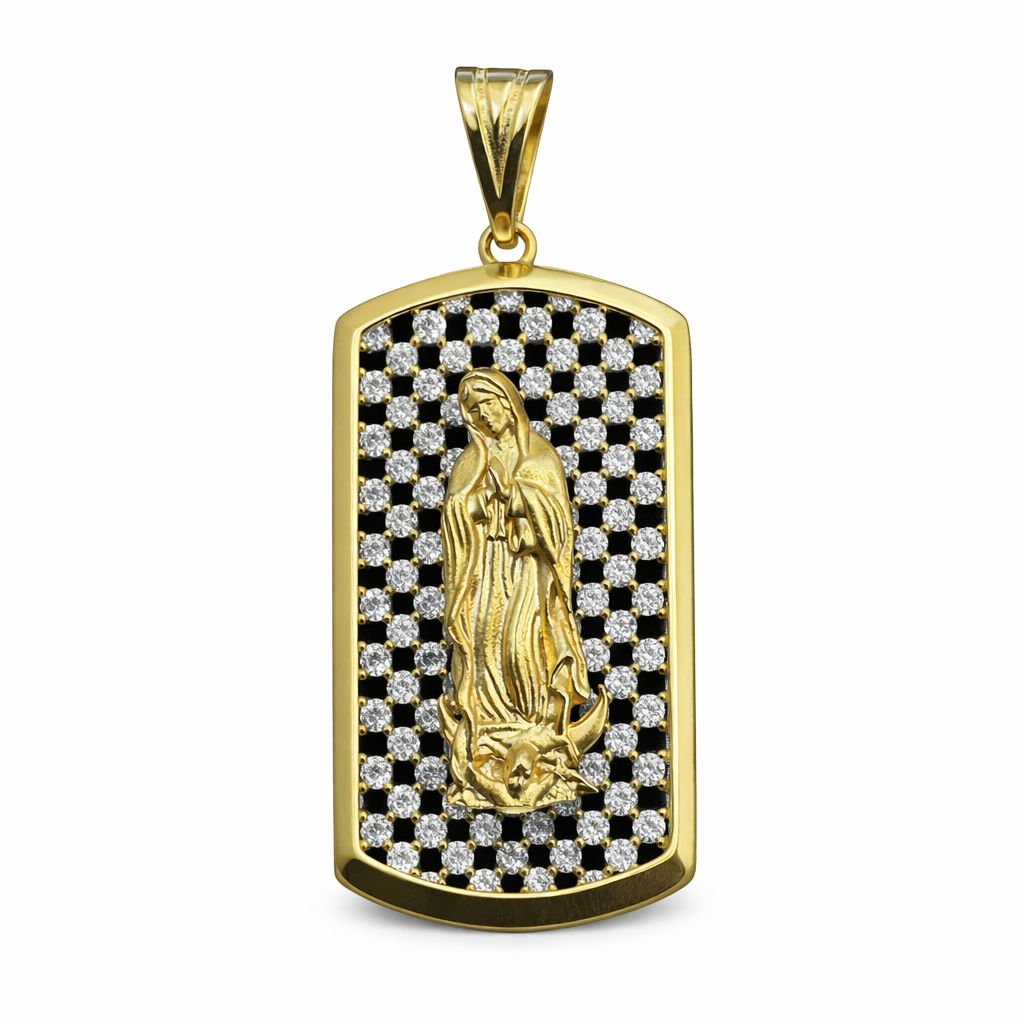 Virgen con fondo de zirconias en oro 10K, pieza de joyería con detalles delicados y brillantez en oro y zirconias.