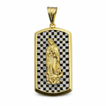 Virgen con fondo de zirconias en oro 10K, pieza de joyería con detalles delicados y brillantez en oro y zirconias.