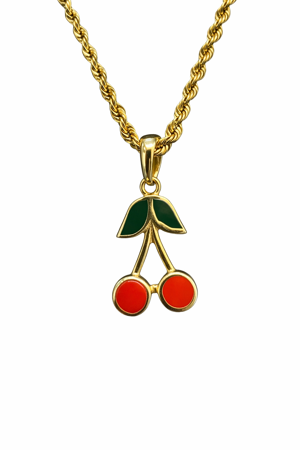 Cerezas de oro 10K de Joyería ROMA, con detalles dorados y brillante acabado, en un fondo neutro.