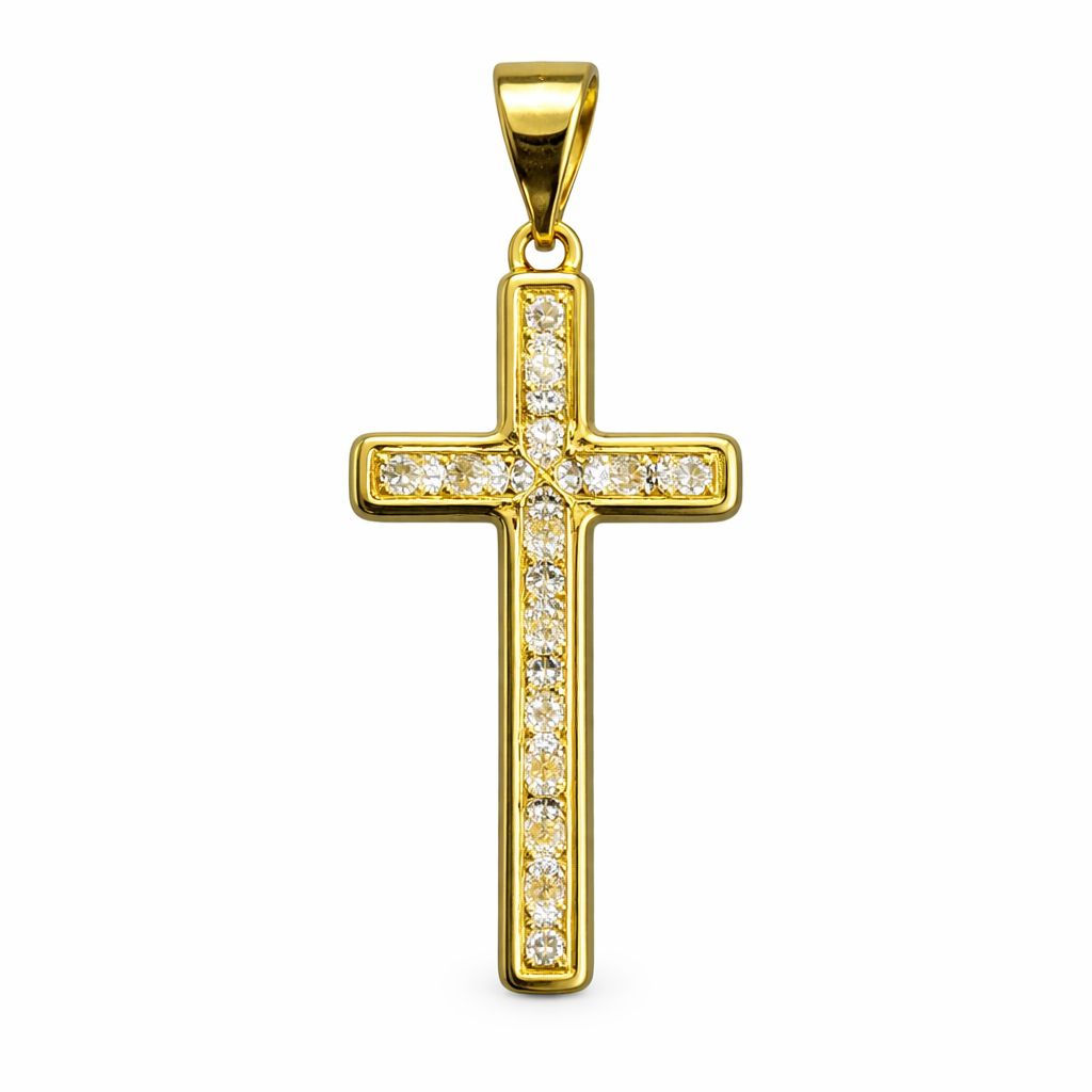 Cruz con zirconias en oro 10K, joyería ROMA, con detalles brillantes y elegante diseño en imagen de alta calidad.