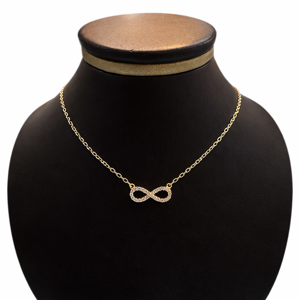 Gargantilla infinito con zirconias en oro 10K, joyería Roma, con diseño delicado y brillante.