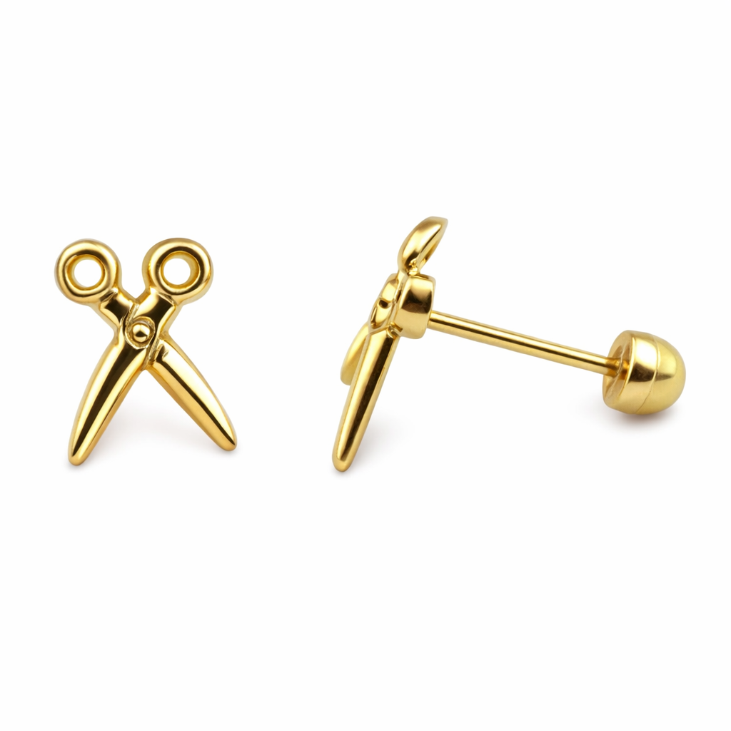 Broquel de tijeras en oro 10K de la joyería ROMA, con diseño elegante y detalles finos visible en la imagen.