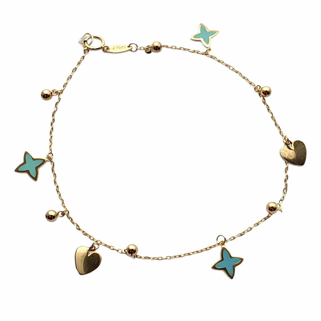 Pulsera de oro 10K con dijes de corazón y trébol, joyería Roma, detalles de los charms en la pulsera dorada