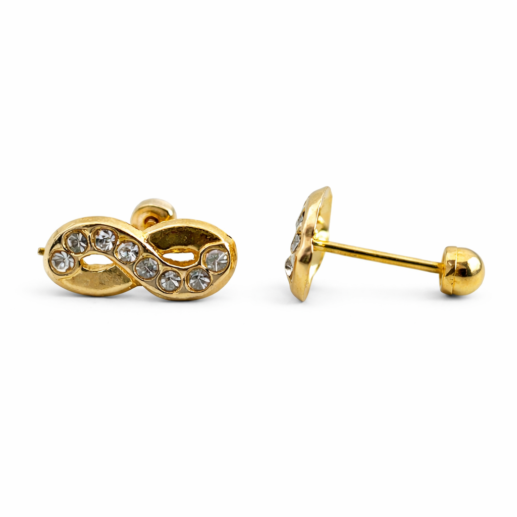 Broquel infinito en oro 10K con zirconias, joyería elegante y brillante, diseñado por Joyería ROMA.
