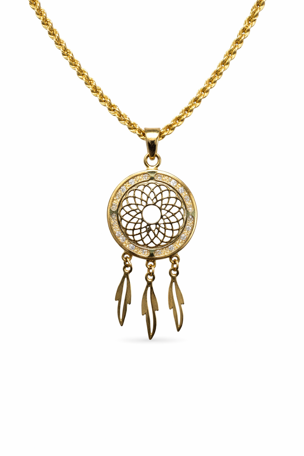 Atrapasueños de oro 10K con zirconias brillantes, diseño delicado y detalles finos en joyería ROMA.
