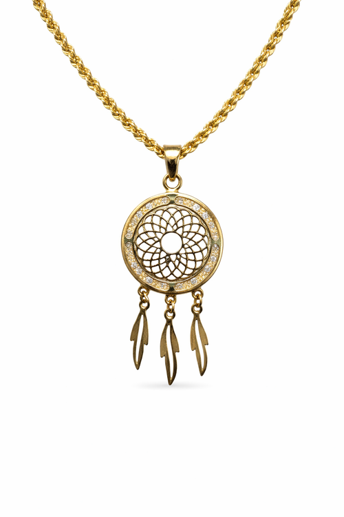 Atrapasueños de oro 10K con zirconias brillantes, diseño delicado y detalles finos en joyería ROMA.