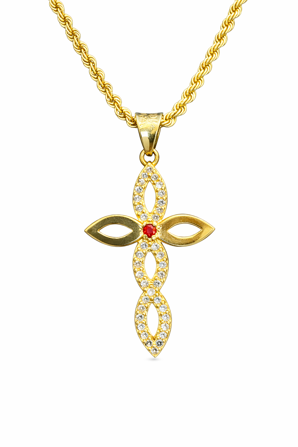 Cruz con zirconias y piedra en oro 10K, joyería ROMA, muestra detalles de la cruz decorada con piedras brillantes y acabado en oro
