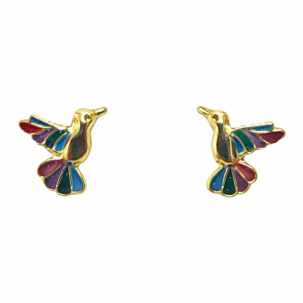 Broquel de colibrí con esmalte en oro de 10 quilates, joyería ROMA, con detalles coloridos y diseño delicado.