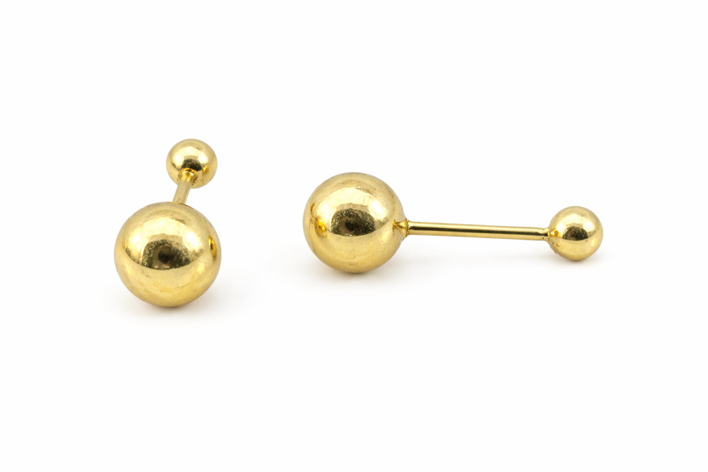 Broquel de oro 10K con bola, joyería Roma, diseño elegante y brillante para uso diario o especial.