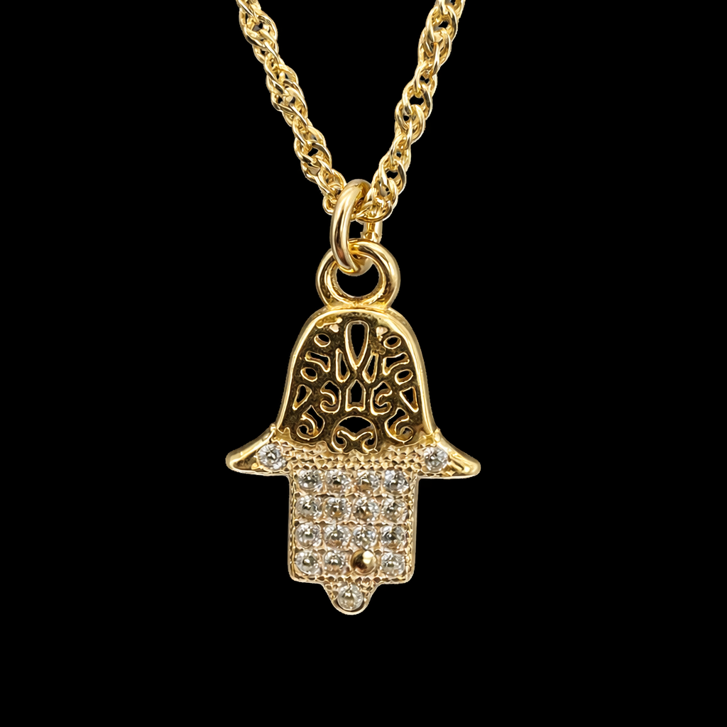 Gargantilla Mano de Fátima en oro 10K con zirconias, joyería elegante y detallada en imagen.