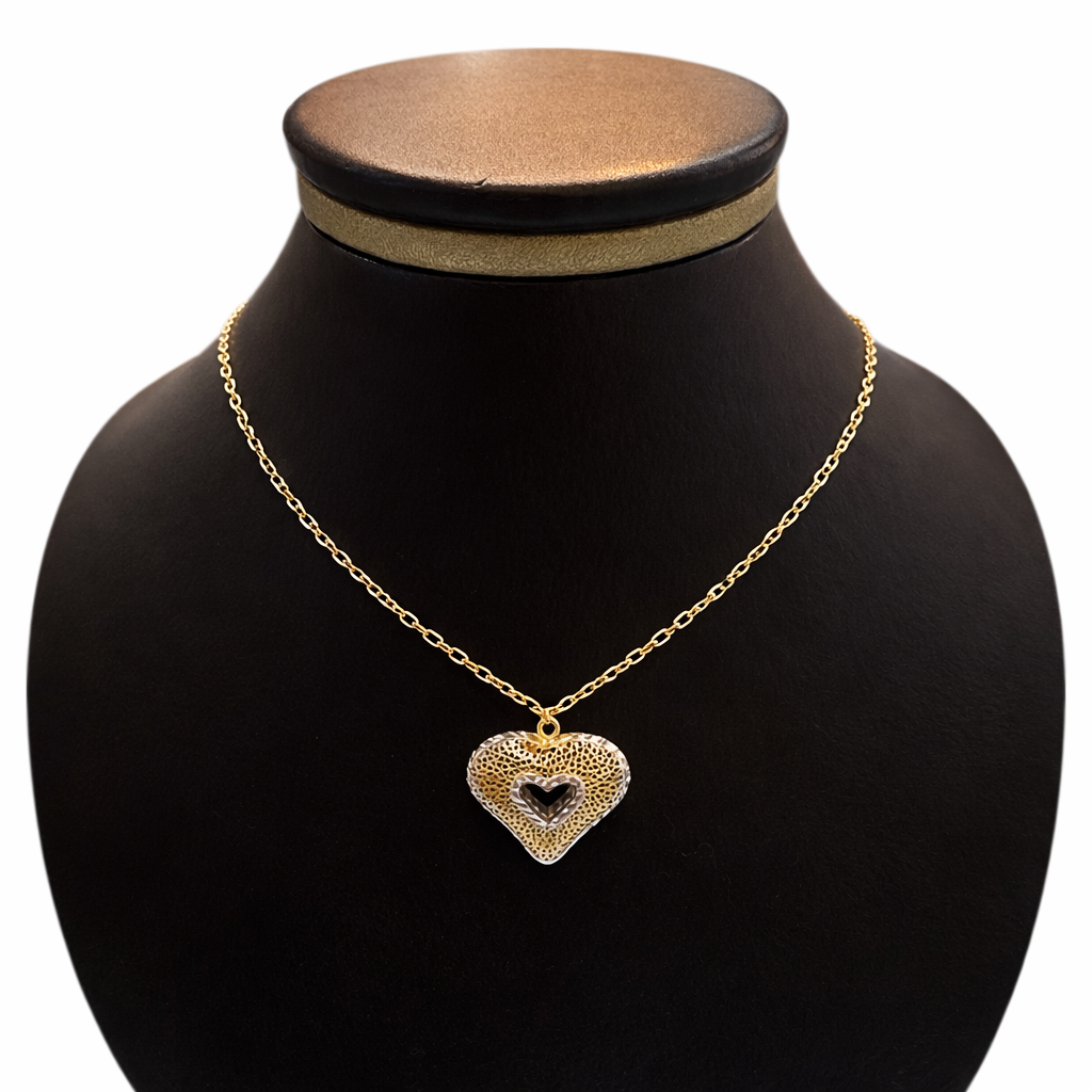 Gargantilla en oro 10k con corazón 3D bicolor, joyería elegante y moderna con detalles en oro amarillo y rosa.