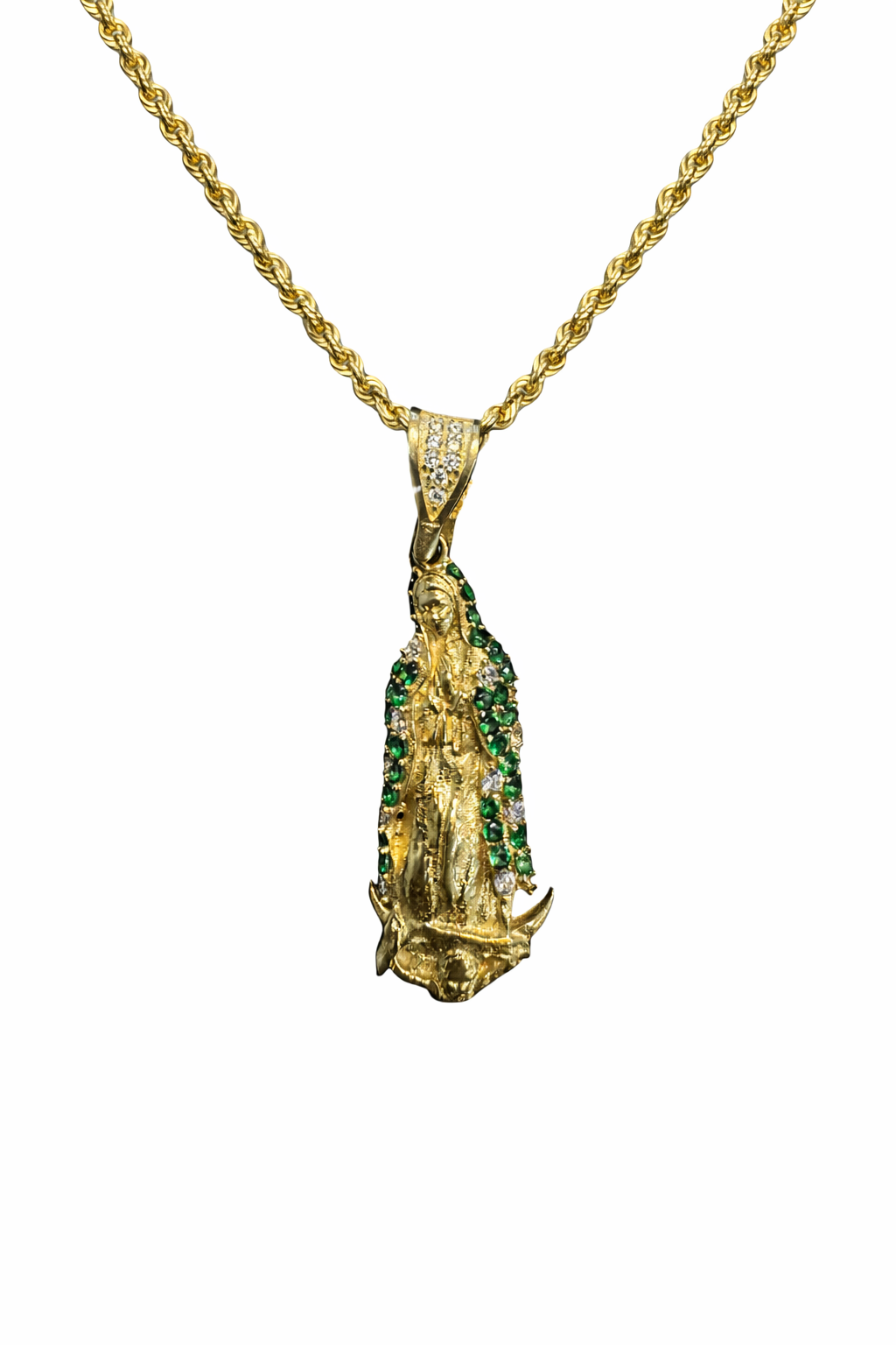 Virgen de Guadalupe en oro 10K con zirconias verdes, joyería fina, imagen detallada del colgante religioso.