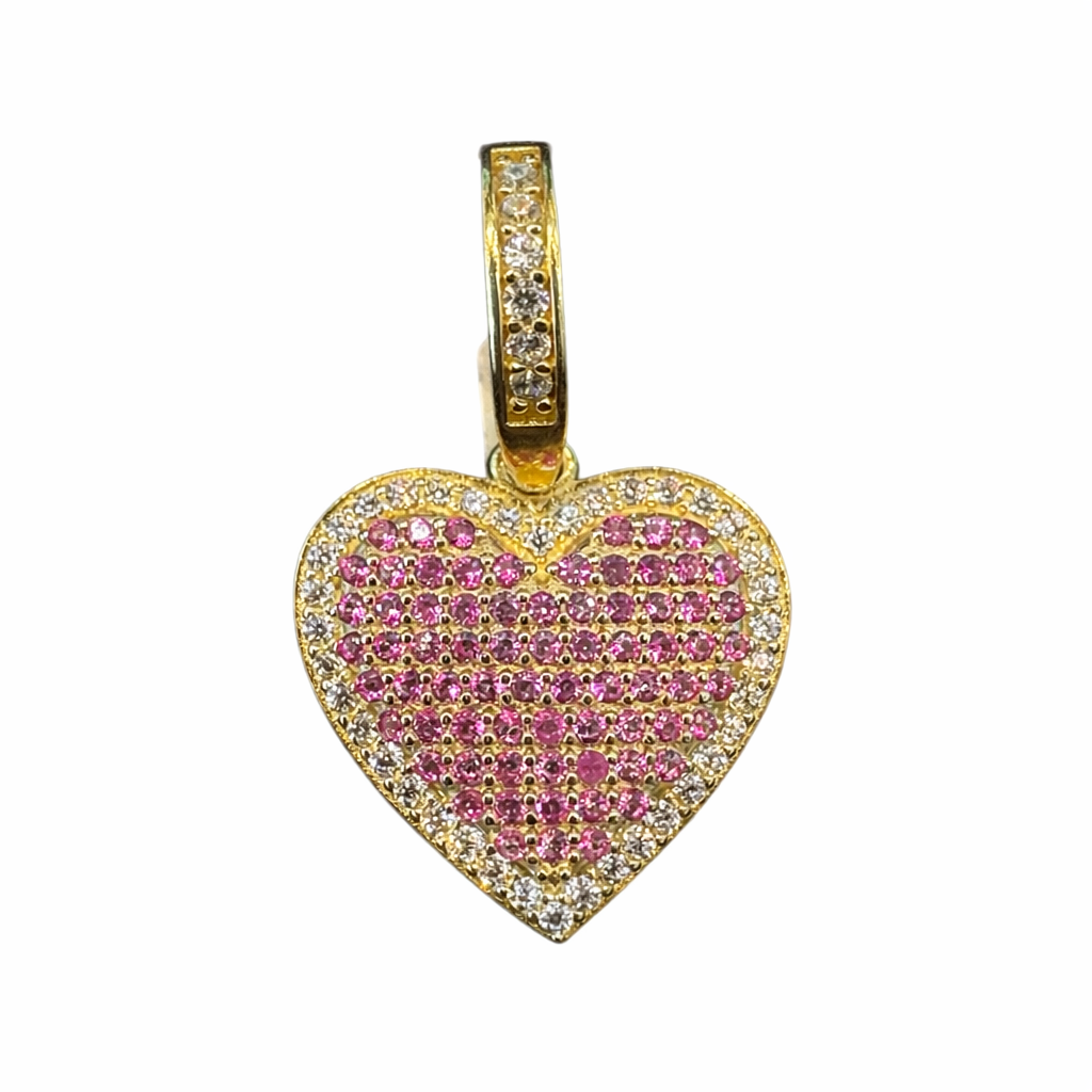 Corazón pavé rosa con zirconias en oro 14K, joyería elegante y brillante, diseño delicado y sofisticado.