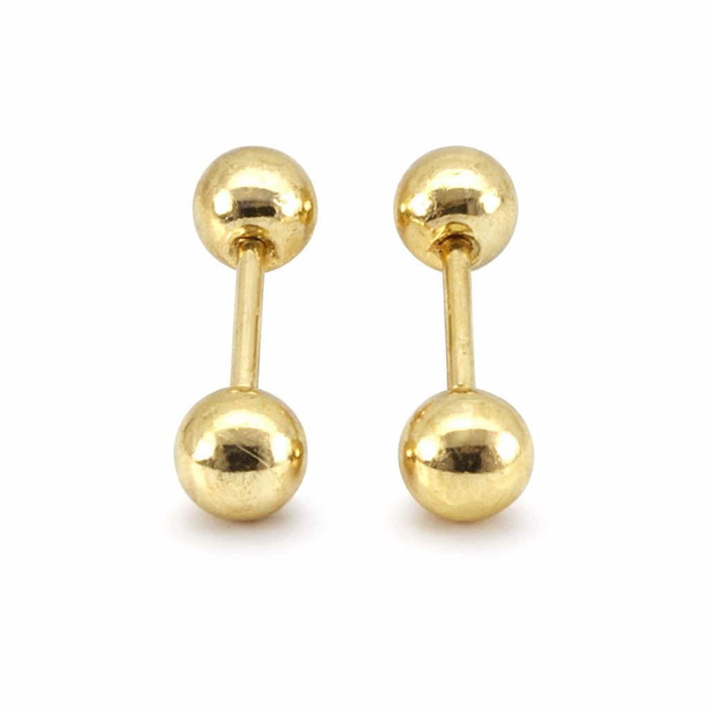 Broquel de oro 10K con bola 00, joyería Roma, diseño elegante y brillante para mujer.