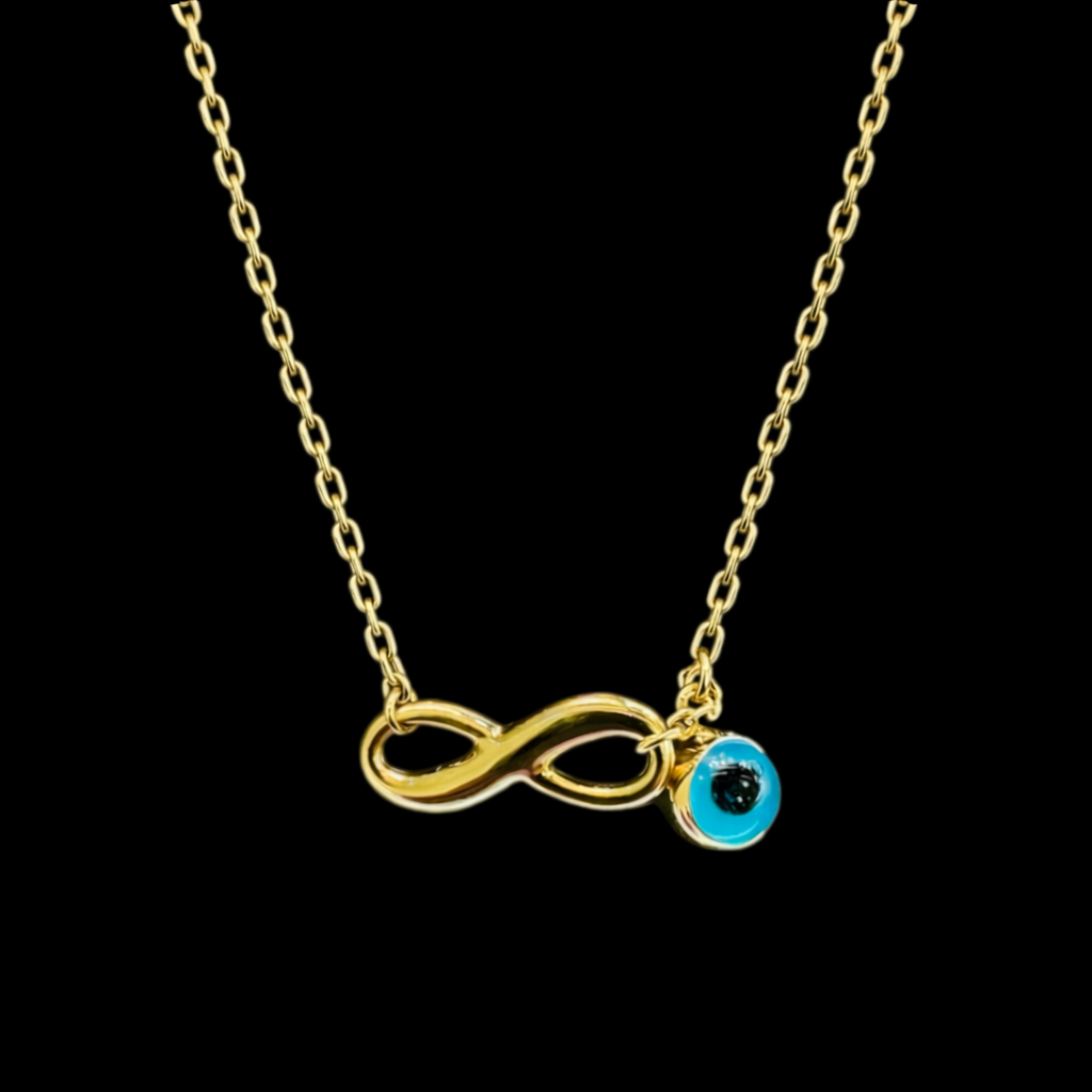 Gargantilla infinito con ojo turco en oro 10K de joyería Roma, con diseño delicado y símbolo protector.