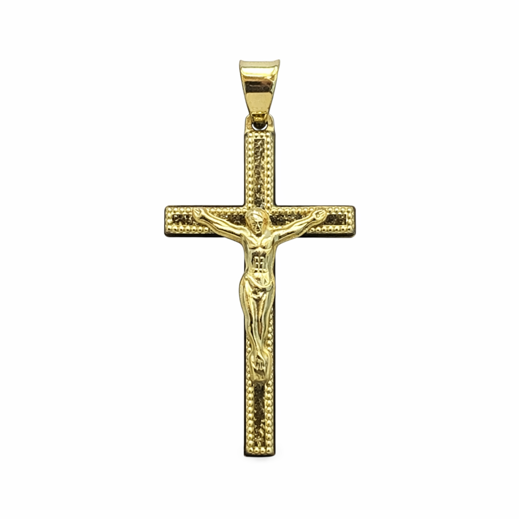 Cruz con Cristo y zirconias en oro 10K, joyería elegante con detalles brillantes y diseño clásico en imagen.