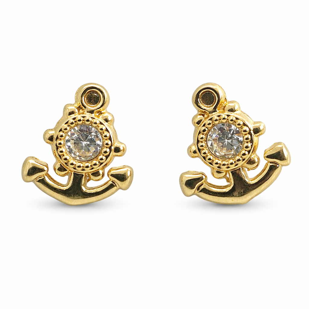 Broquel ancla de oro 10K con zirconia, diseño elegante y brillante, joyería de alta calidad, en acabado dorado.
