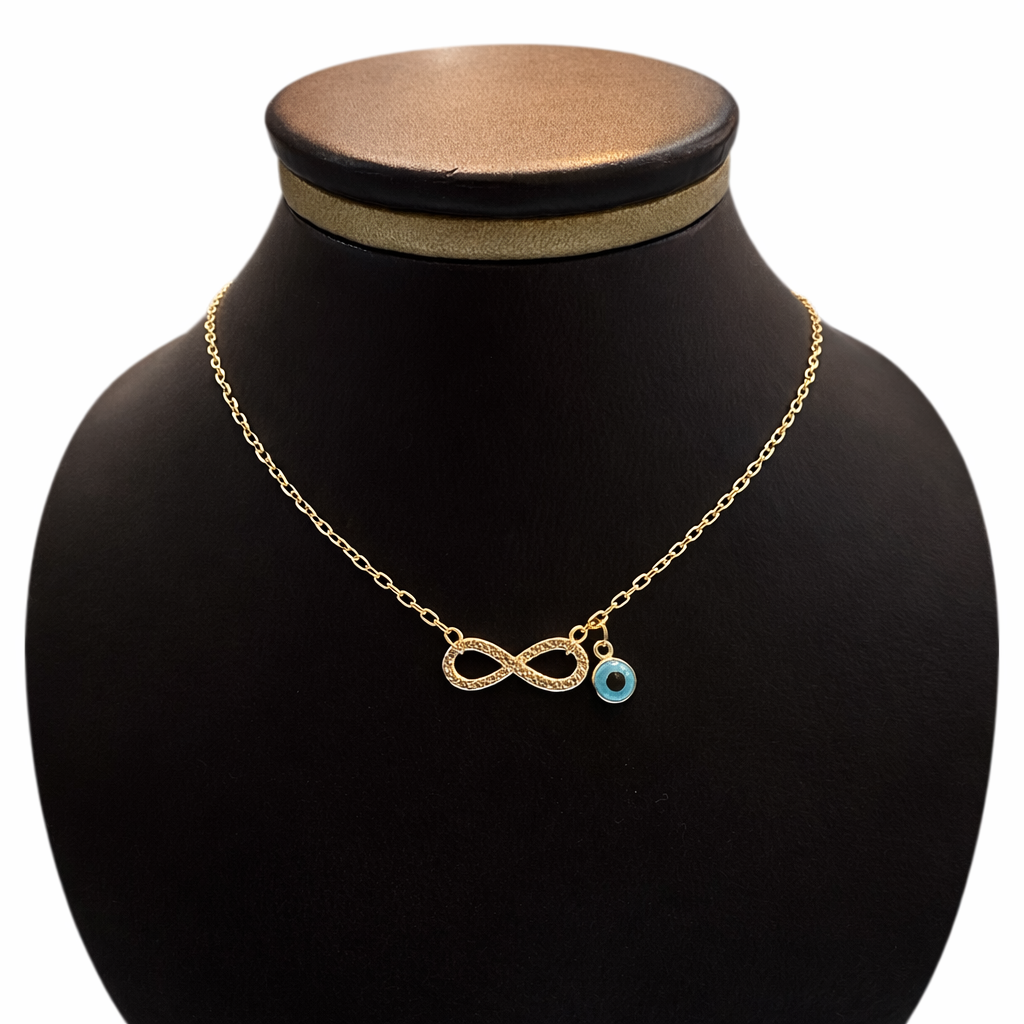 Gargantilla infinito con ojo turco en oro 10K de Joyería ROMA, cadena delicada con colgante de símbolo infinito y ojo protector.