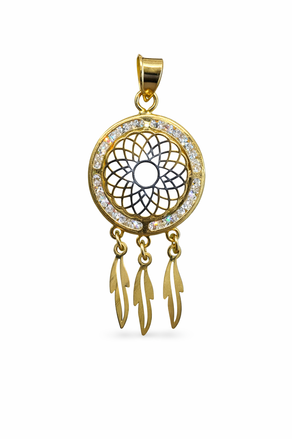 Atrapasueños de oro 10K con zirconias, joyería elegante y brillante, diseñado por Joyería ROMA, visible con detalles en la imagen.